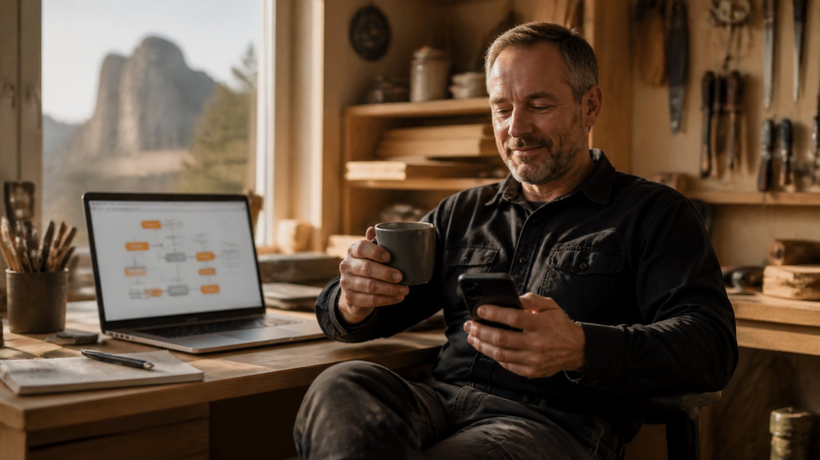 Inhaber eines Handwerksbetriebs am Montagmorgen mit Kaffee und Smartphone, auf dem Laptop ein automatischer Ablauf