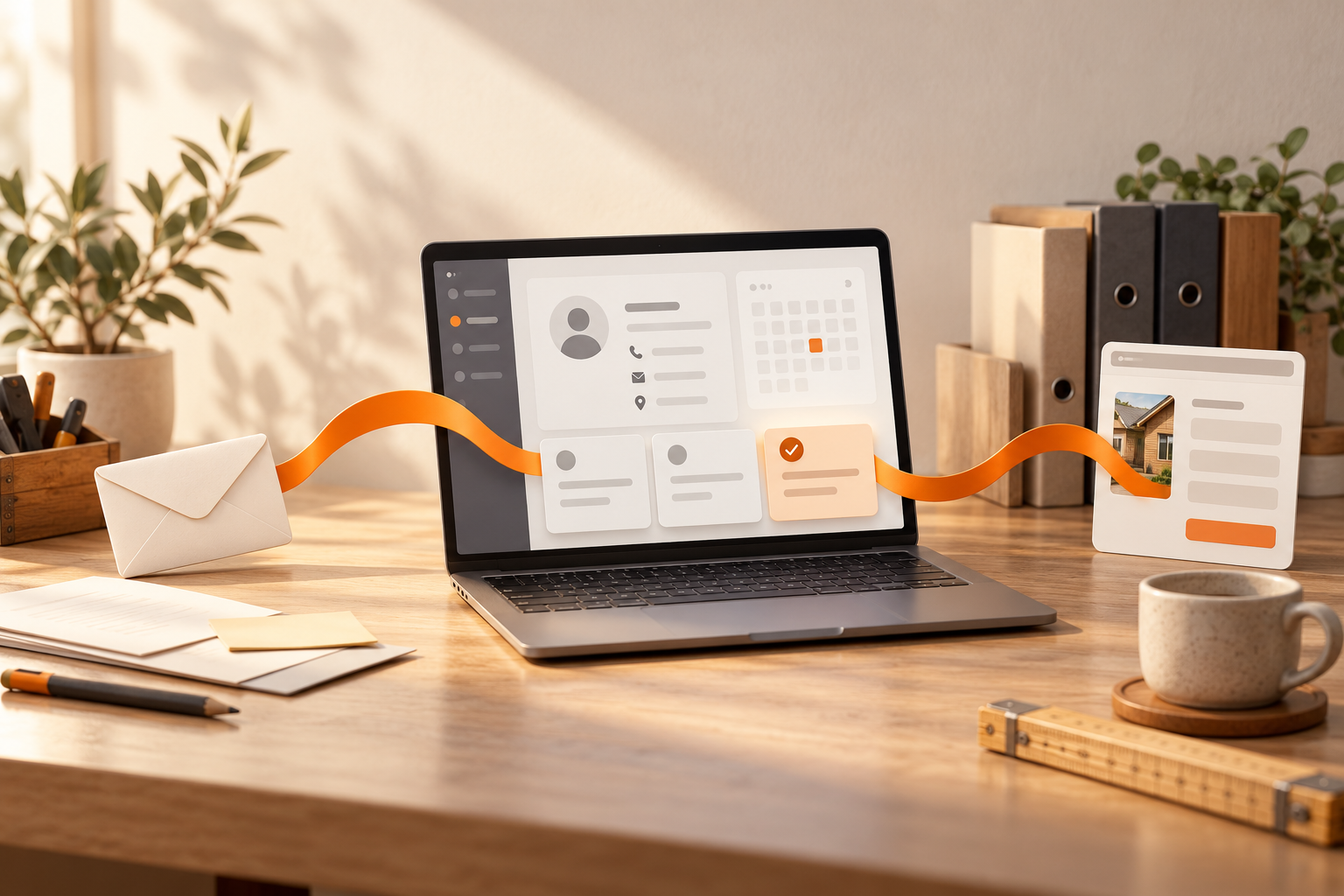 Konzeptillustration: Ein orangefarbenes Band verbindet eine Anfrage mit einer digitalen Kundenübersicht und einem Onlineformular.