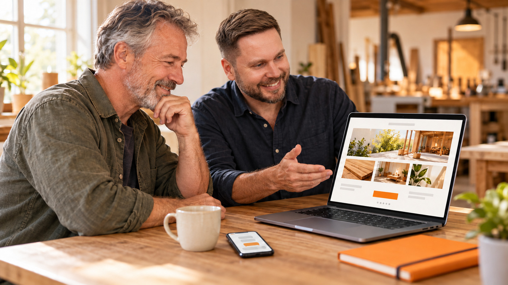 Thomas Löbel (rechts) erklärt einem Website-Inhaber an einem Laptop eine Seite. Nachgestellte Szene, mit KI erzeugt.